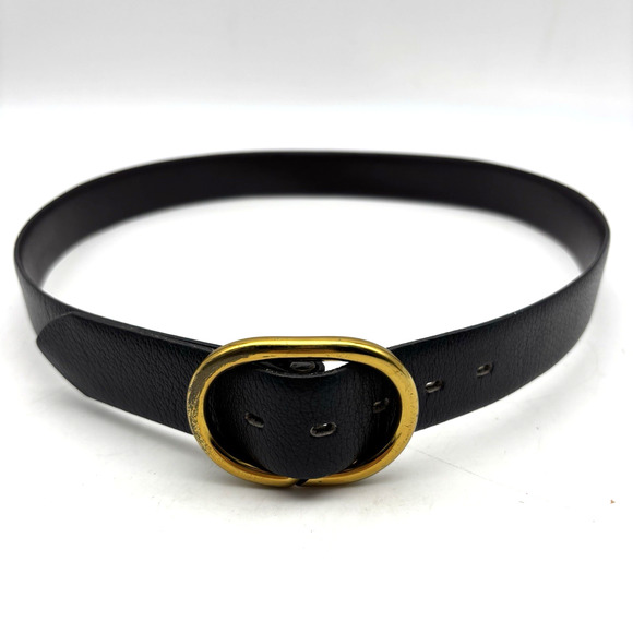 Vintage 70s Black Featherlite Leather Belt with Solid Brass Slide Buckle 31-34" - Picture 4 of 15